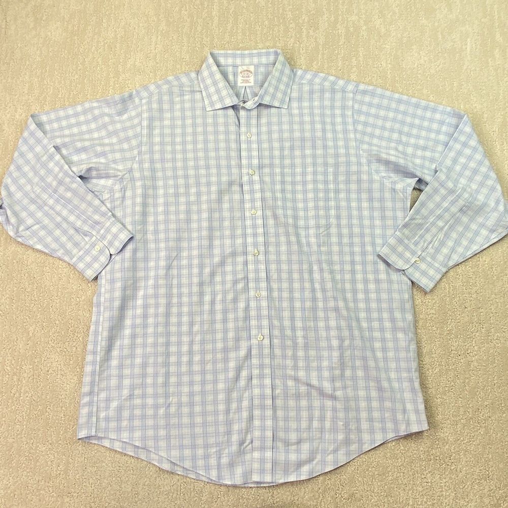 Brooks Brothers Button Down Shirt Adult White Blue Check Long Sleeve Size 17-34*